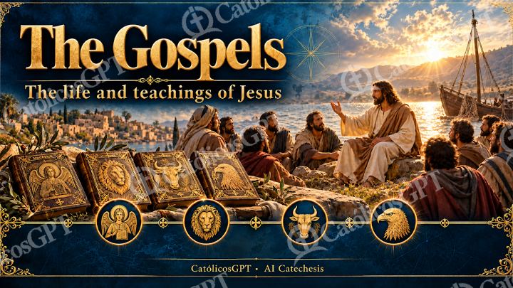 Imagen católica de Bible Course AI evangelios English CatolicosGPT 16x9 — Biblia y Jesús