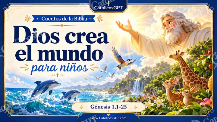 Imagen católica de Cuento 001 dios crea el mundo CatolicosGPT ninos 16x9 — Niños y catequesis