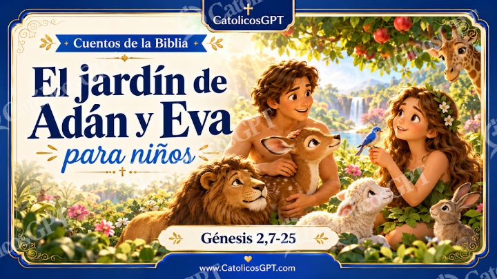 Imagen católica de Cuento 003 el jardin de adan y eva CatolicosGPT ninos 16x9 — Niños y catequesis