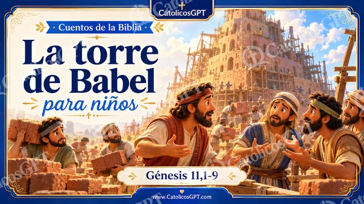 Imagen católica de Cuento 008 la torre de babel CatolicosGPT ninos 16x9 — Niños y catequesis