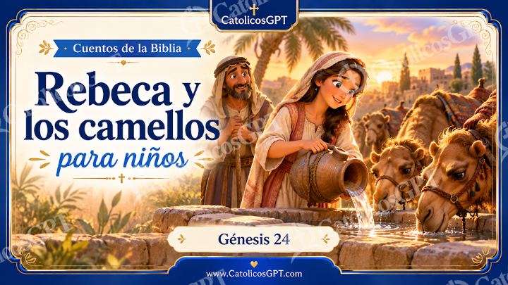 Imagen católica de Cuento 014 rebeca y los camellos CatolicosGPT ninos 16x9 — Niños y catequesis