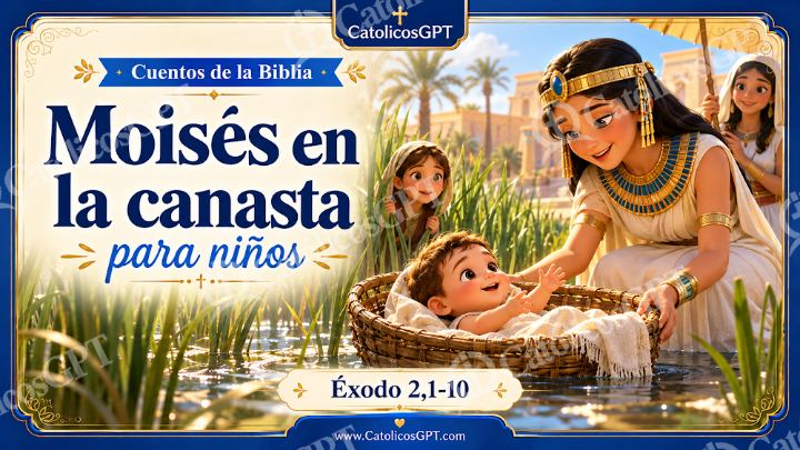 Imagen católica de Cuento 020 moises en la canasta CatolicosGPT ninos 16x9 — Niños y catequesis