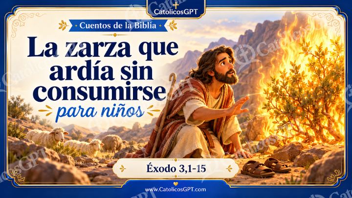 Imagen católica de Cuento 021 la zarza que ardia sin consumirse CatolicosGPT ninos 16x9 — Niños y catequesis