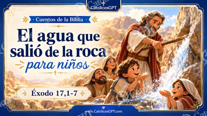 Imagen católica de Cuento 024 el agua que salio de la roca CatolicosGPT ninos 16x9 — Niños y catequesis