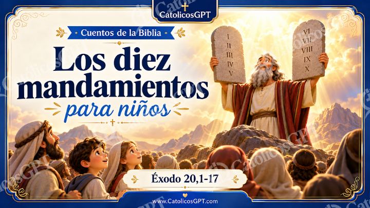 Imagen católica de Cuento 025 los diez mandamientos CatolicosGPT ninos 16x9 — Niños y catequesis