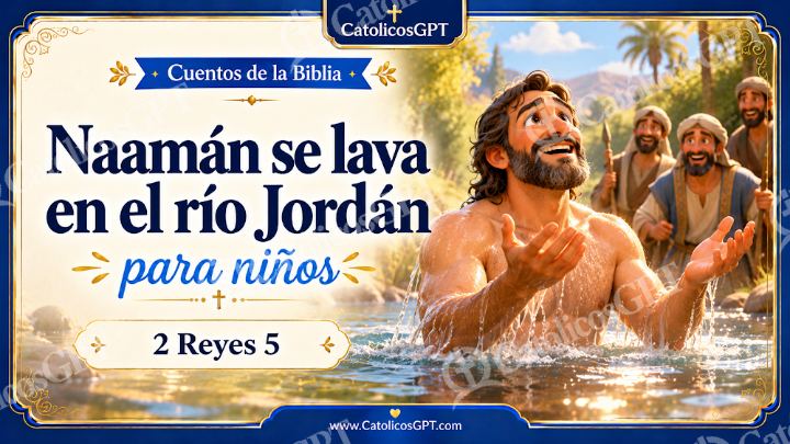 Imagen católica de Cuento 040 naaman se lava en el rio jordan CatolicosGPT ninos 16x9 — Niños y catequesis