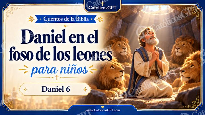Imagen católica de Cuento 043 daniel en el foso de los leones CatolicosGPT ninos 16x9 — Niños y catequesis
