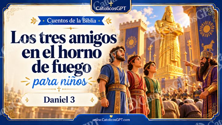 Imagen católica de Cuento 044 los tres amigos en el horno de fuego CatolicosGPT ninos 16x9 — Niños y catequesis