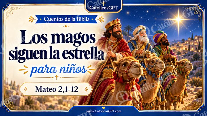 Imagen católica de Cuento 056 los magos siguen la estrella CatolicosGPT ninos 16x9 — Niños y catequesis