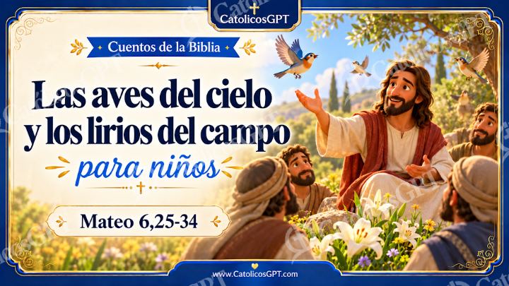 Imagen católica de Cuento 065 las aves del cielo y los lirios del campo CatolicosGPT ninos 16x9 — Niños y catequesis