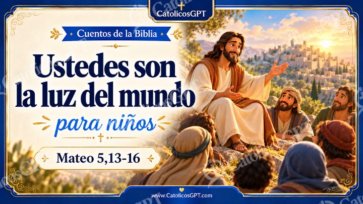 Imagen católica de Cuento 066 ustedes son la luz del mundo CatolicosGPT ninos 16x9 — Niños y catequesis