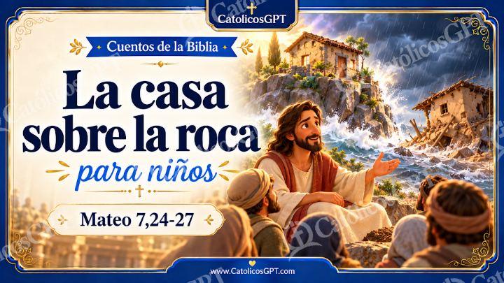 Imagen católica de Cuento 067 la casa sobre la roca CatolicosGPT ninos 16x9 — Niños y catequesis