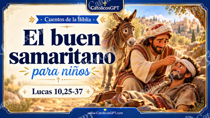 Imagen católica de Cuento 074 el buen samaritano CatolicosGPT ninos 16x9 — Niños y catequesis