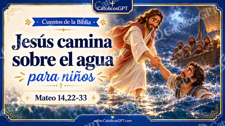 Imagen católica de Cuento 076 jesus camina sobre el agua CatolicosGPT ninos 16x9 — Niños y catequesis