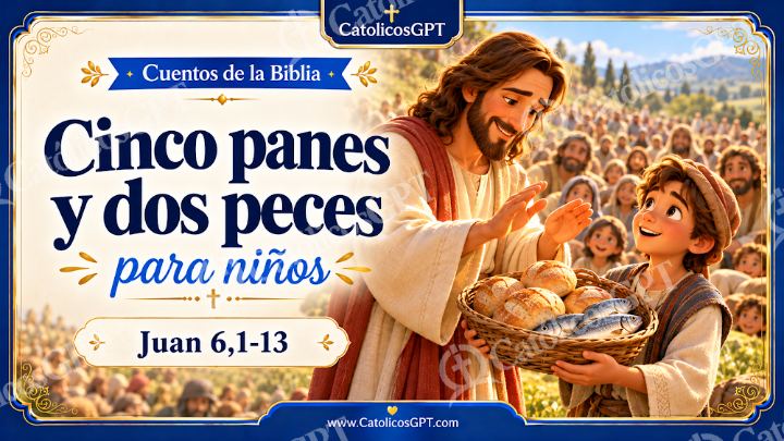 Imagen católica de Cuento 077 cinco panes y dos peces CatolicosGPT ninos 16x9 — Niños y catequesis