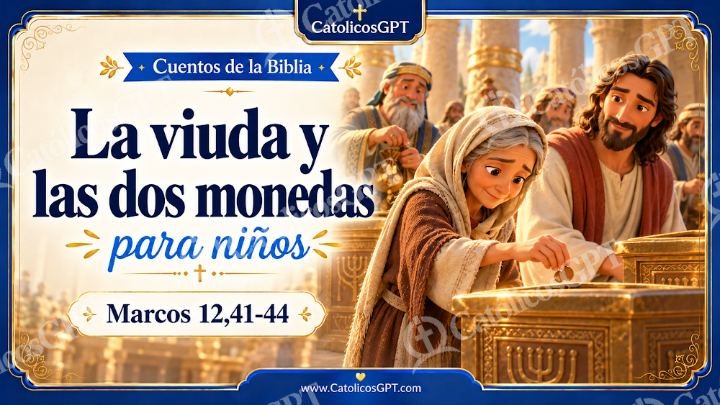 Imagen católica de Cuento 081 la viuda y las dos monedas CatolicosGPT ninos 16x9 — Niños y catequesis