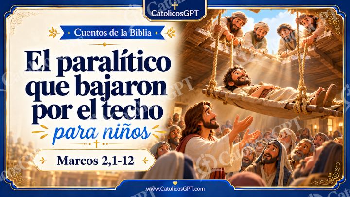 Imagen católica de Cuento 084 el paralitico que bajaron por el techo CatolicosGPT ninos 16x9 — Niños y catequesis