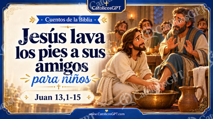 Imagen católica de Cuento 085 jesus lava los pies a sus amigos CatolicosGPT ninos 16x9 — Niños y catequesis