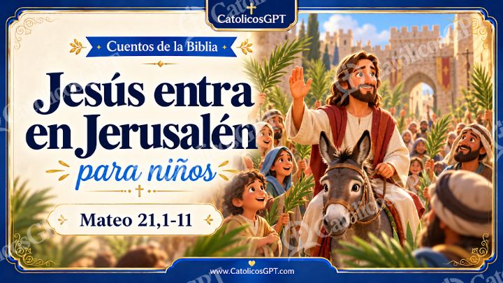 Imagen católica de Cuento 086 jesus entra en jerusalen CatolicosGPT ninos 16x9 — Niños y catequesis