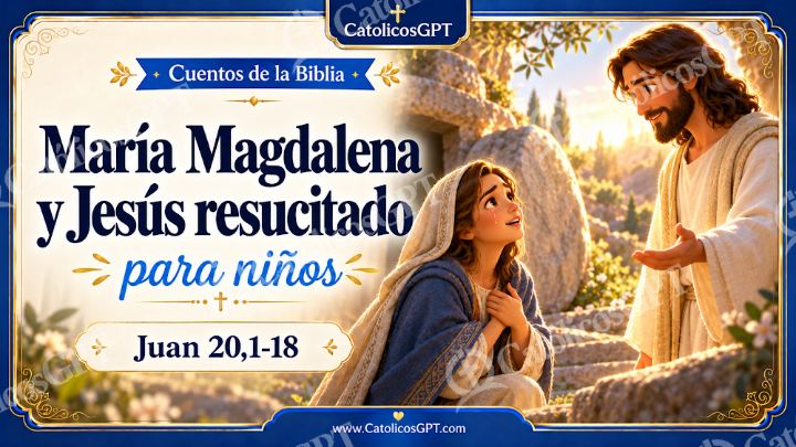 Imagen católica de Cuento 087 maria magdalena y jesus resucitado CatolicosGPT ninos 16x9 — Niños y catequesis