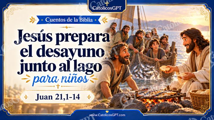 Imagen católica de Cuento 090 jesus prepara el desayuno junto al lago CatolicosGPT ninos 16x9 — Niños y catequesis