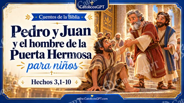 Imagen católica de Cuento 093 pedro y juan y el hombre de la puerta hermosa CatolicosGPT ninos 16x9 — Niños y catequesis