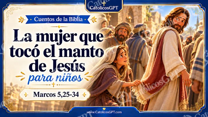 Imagen católica de Cuento 097 la mujer que toco el manto de jesus CatolicosGPT ninos 16x9 — Niños y catequesis