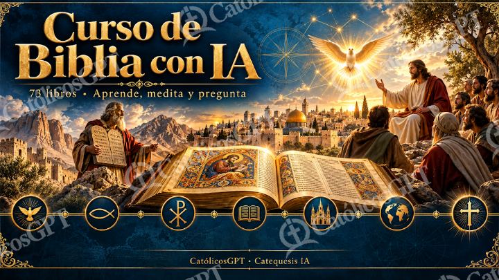 Imagen católica de Curso Biblia IA banner CatolicosGPT 16x9 — Biblia y Jesús
