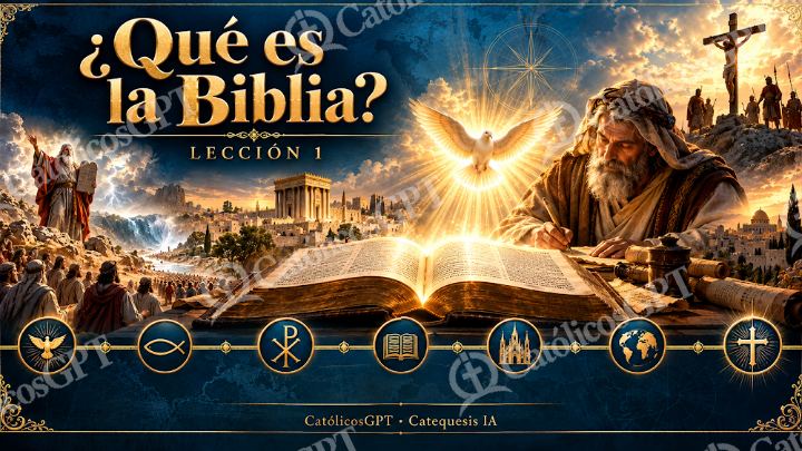 Imagen católica de Curso Biblia IA leccion 1 CatolicosGPT 16x9 — Biblia y Jesús