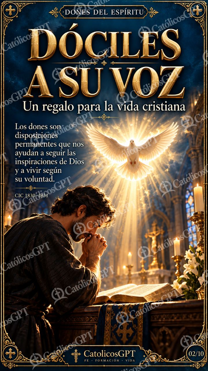 Imagen católica de Dones del Espiritu Santo 02 DOCILES A SU VOZ CatolicosGPT 9x16 — Formación católica