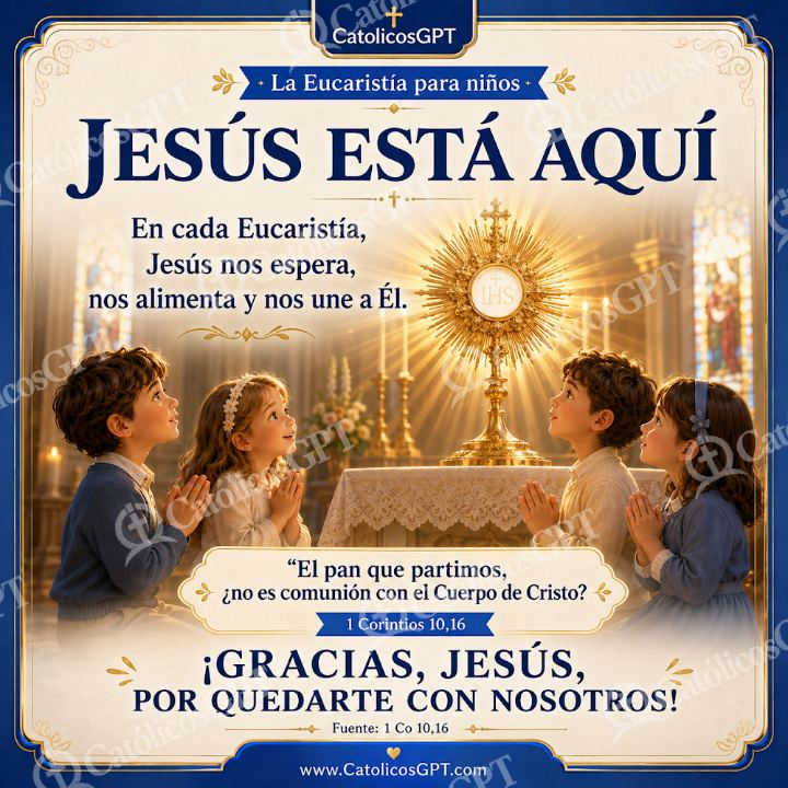 Imagen católica de eucaristia niños primera comunion - Jesus esta aqui adoracion — Niños y catequesis