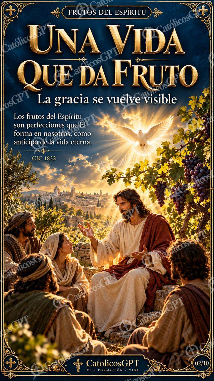Imagen católica de Frutos del Espiritu Santo 02 UNA VIDA QUE DA FRUTO CatolicosGPT 9x16 — Formación católica