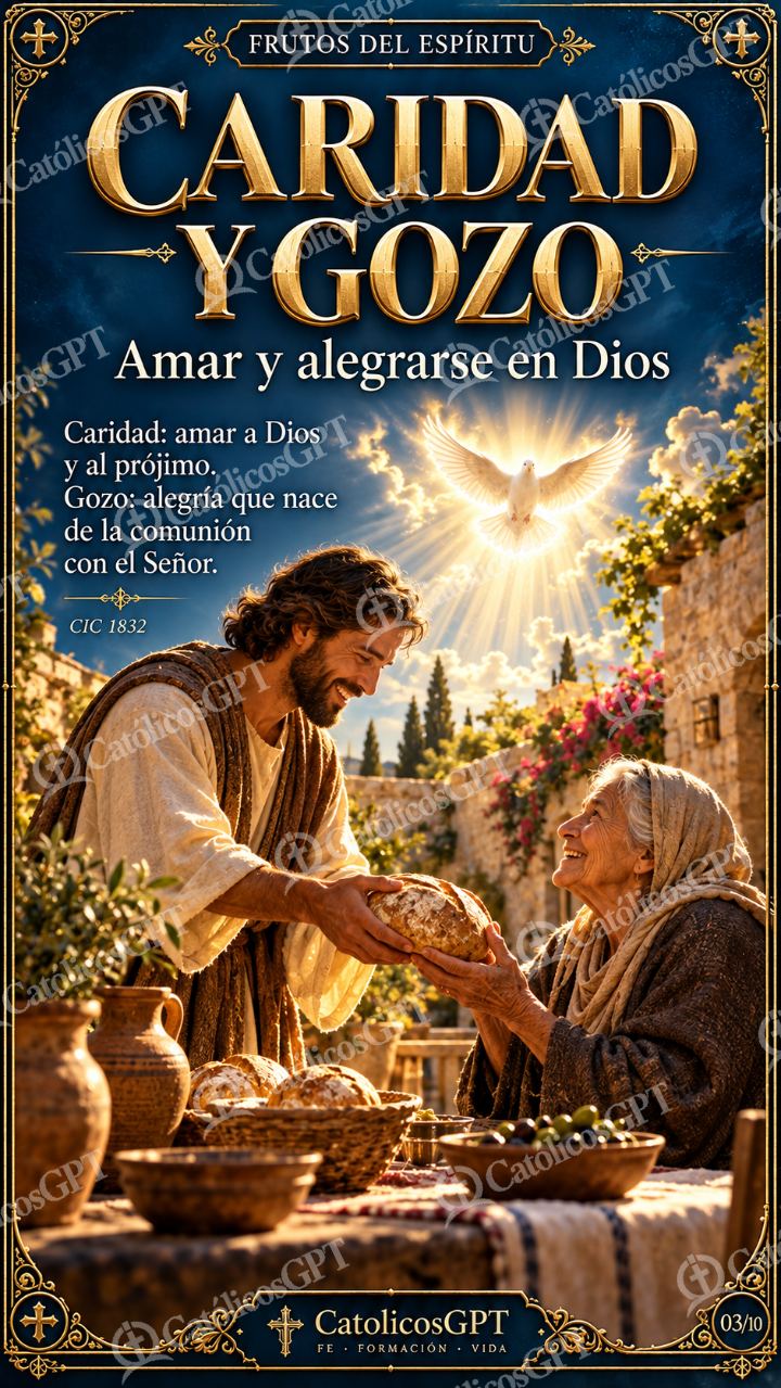 Imagen católica de Frutos del Espiritu Santo 03 CARIDAD Y GOZO CatolicosGPT 9x16 — Formación católica