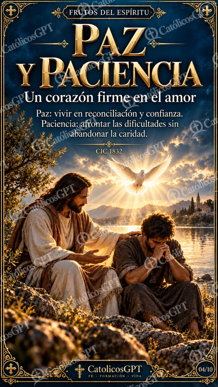 Imagen católica de Frutos del Espiritu Santo 04 PAZ Y PACIENCIA CatolicosGPT 9x16 — Formación católica