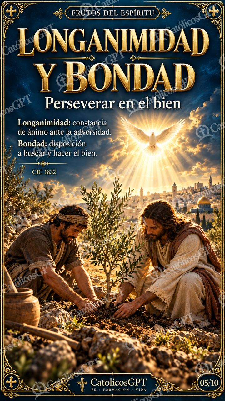 Imagen católica de Frutos del Espiritu Santo 05 LONGANIMIDAD Y BONDAD CatolicosGPT 9x16 — Formación católica