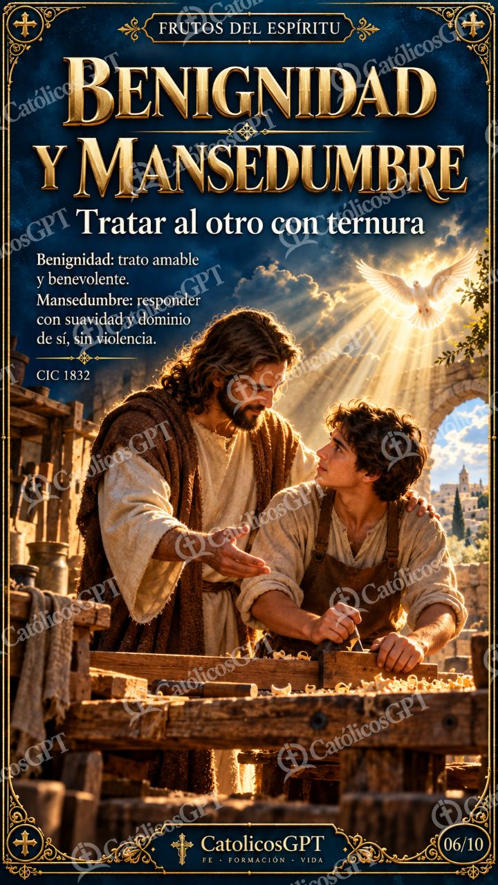 Imagen católica de Frutos del Espiritu Santo 06 BENIGNIDAD Y MANSEDUMBRE CatolicosGPT 9x16 — Formación católica