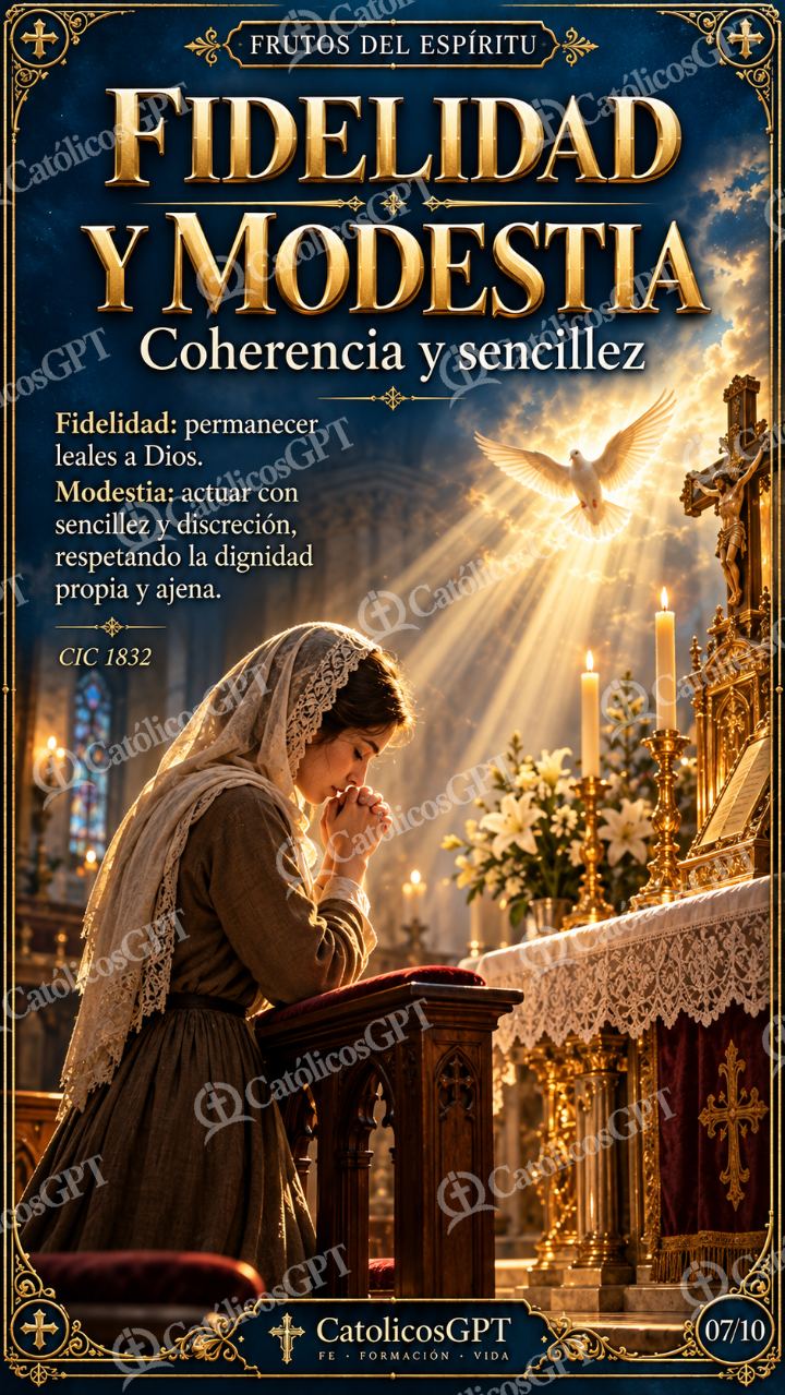 Imagen católica de Frutos del Espiritu Santo 07 FIDELIDAD Y MODESTIA CatolicosGPT 9x16 — Formación católica