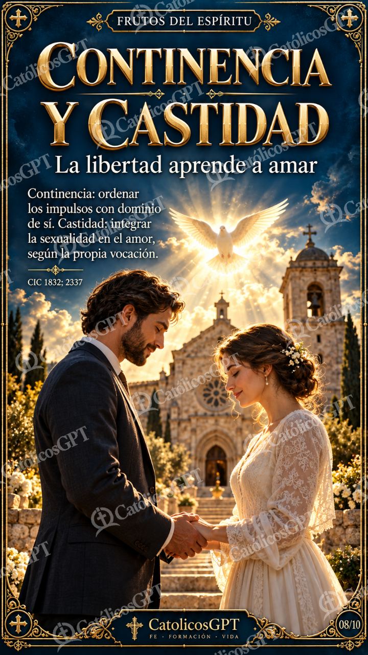 Imagen católica de Frutos del Espiritu Santo 08 CONTINENCIA Y CASTIDAD CatolicosGPT 9x16 — Formación católica