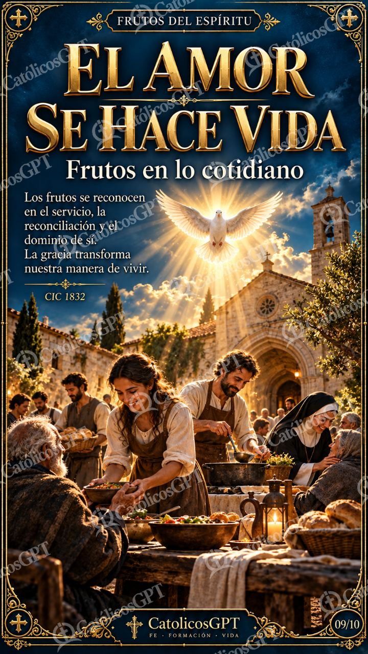 Imagen católica de Frutos del Espiritu Santo 09 EL AMOR SE HACE VIDA CatolicosGPT 9x16 — Formación católica