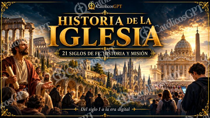 Imagen católica de Historia de la Iglesia Presentacion Portada 16x9 CatolicosGPT — Formación católica