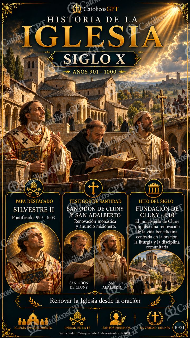 Imagen católica de Historia de la Iglesia Siglo 10 X CatolicosGPT 9x16 — Formación católica