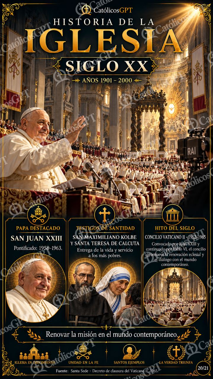 Imagen católica de Historia de la Iglesia Siglo 20 XX CatolicosGPT 9x16 — Formación católica