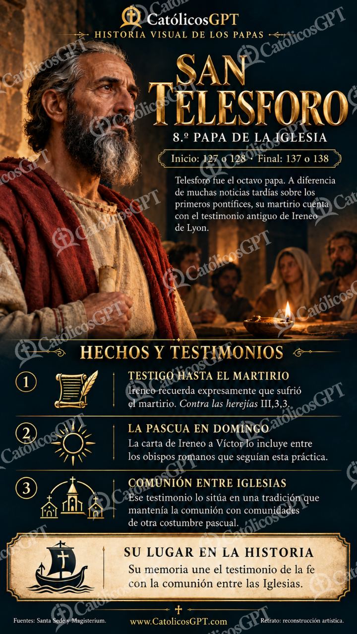 Imagen católica de Historia de los Papas 008 San Telesforo CatolicosGPT 9x16 — Santos y arcángeles