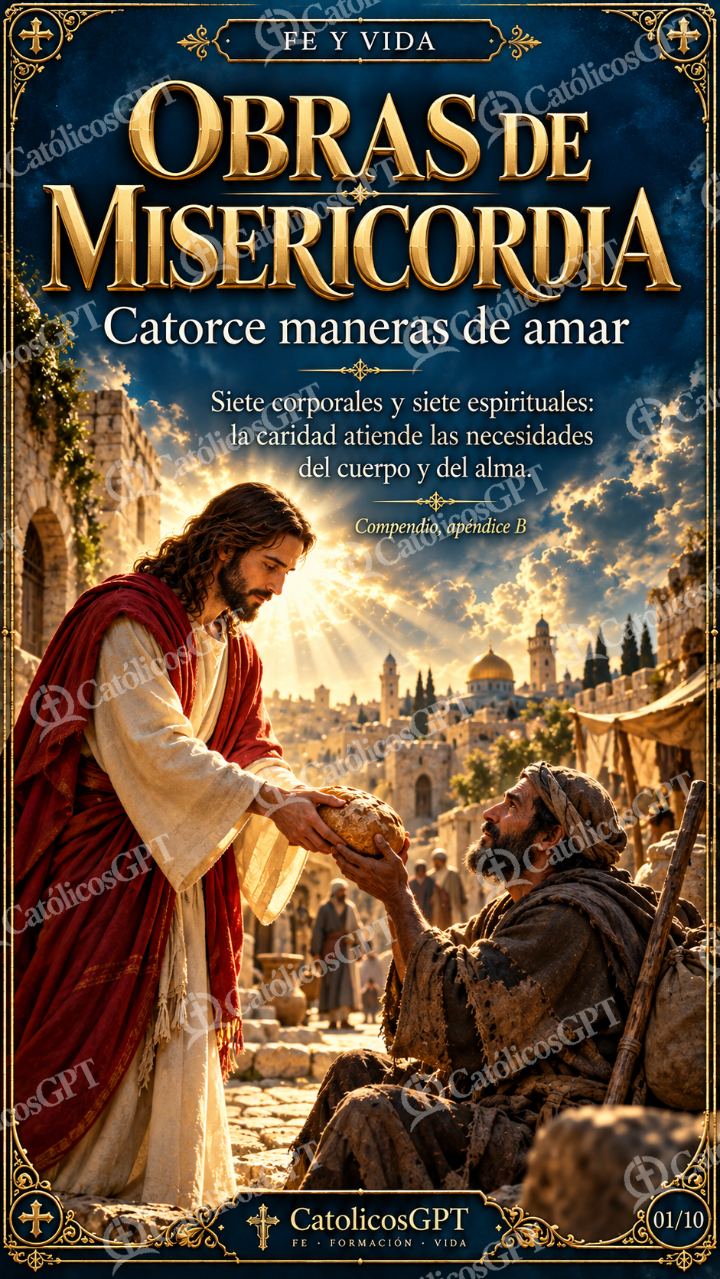 Imagen católica de Obras de Misericordia 01 Portada CatolicosGPT 9x16 — Formación católica
