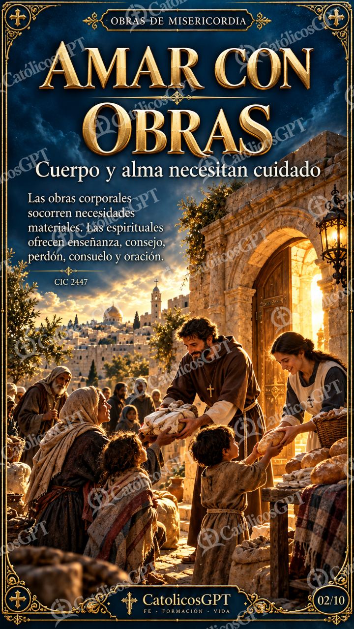 Imagen católica de Obras de Misericordia 02 AMAR CON OBRAS CatolicosGPT 9x16 — Formación católica