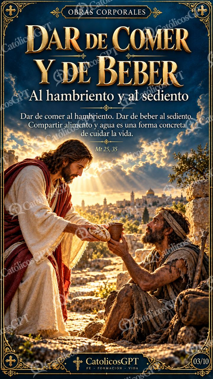 Imagen católica de Obras de Misericordia 03 DAR DE COMER Y DE BEBER CatolicosGPT 9x16 — Formación católica