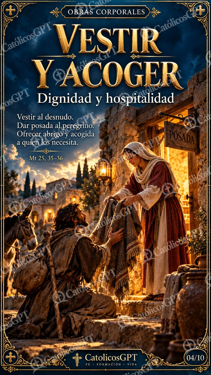 Imagen católica de Obras de Misericordia 04 VESTIR Y ACOGER CatolicosGPT 9x16 — Formación católica