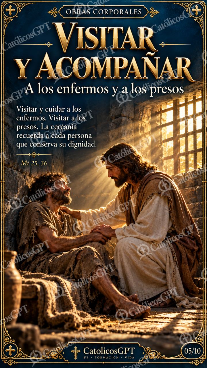 Imagen católica de Obras de Misericordia 05 VISITAR Y ACOMPANAR CatolicosGPT 9x16 — Formación católica