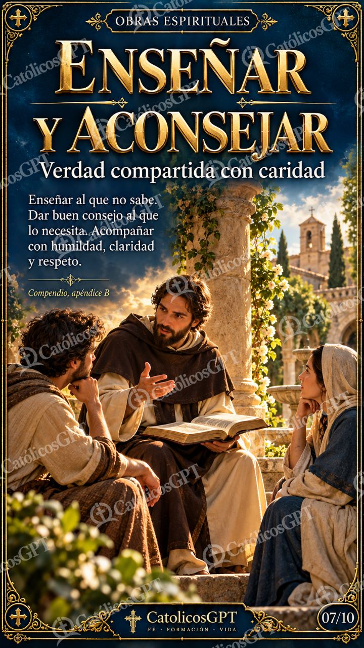 Imagen católica de Obras de Misericordia 07 ENSENAR Y ACONSEJAR CatolicosGPT 9x16 — Formación católica