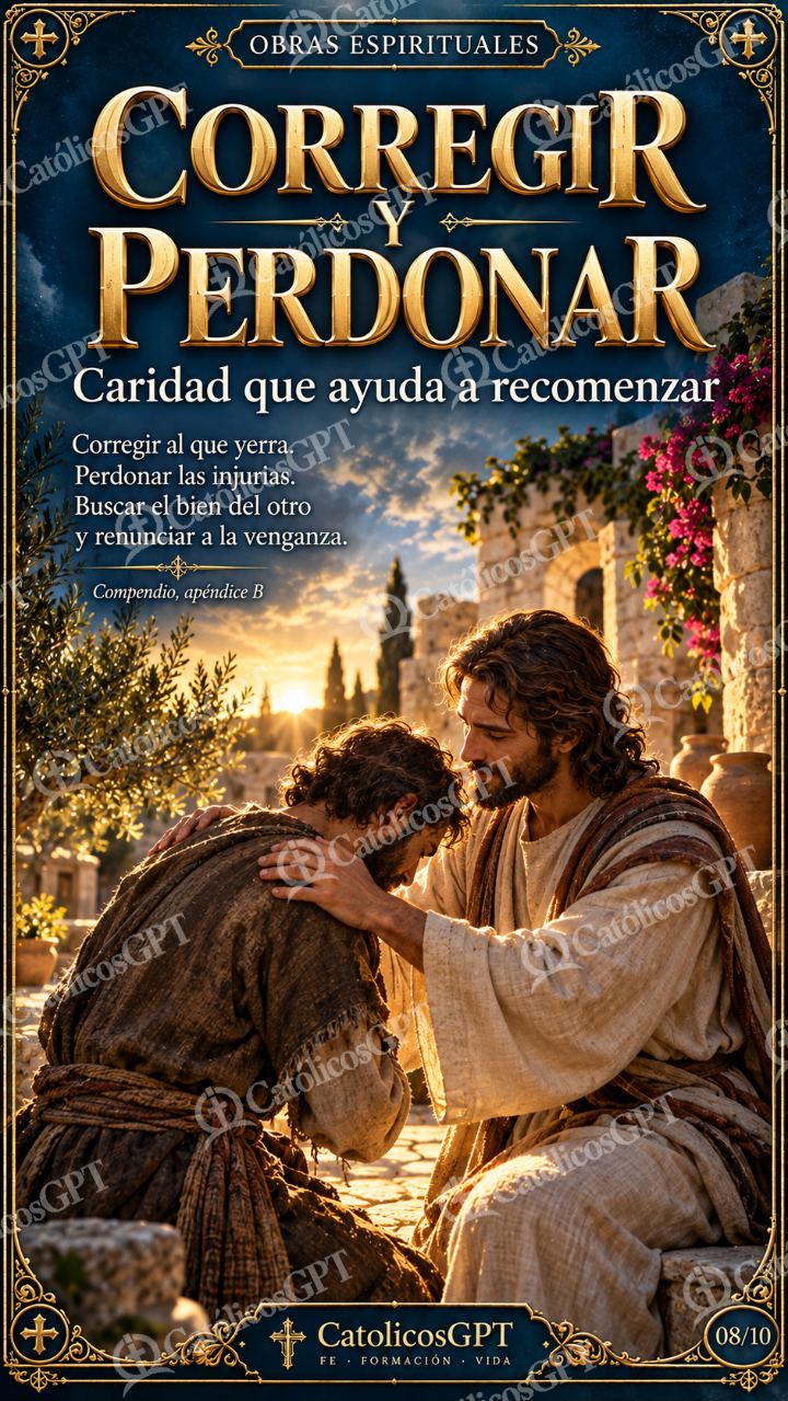 Imagen católica de Obras de Misericordia 08 CORREGIR Y PERDONAR CatolicosGPT 9x16 — Formación católica